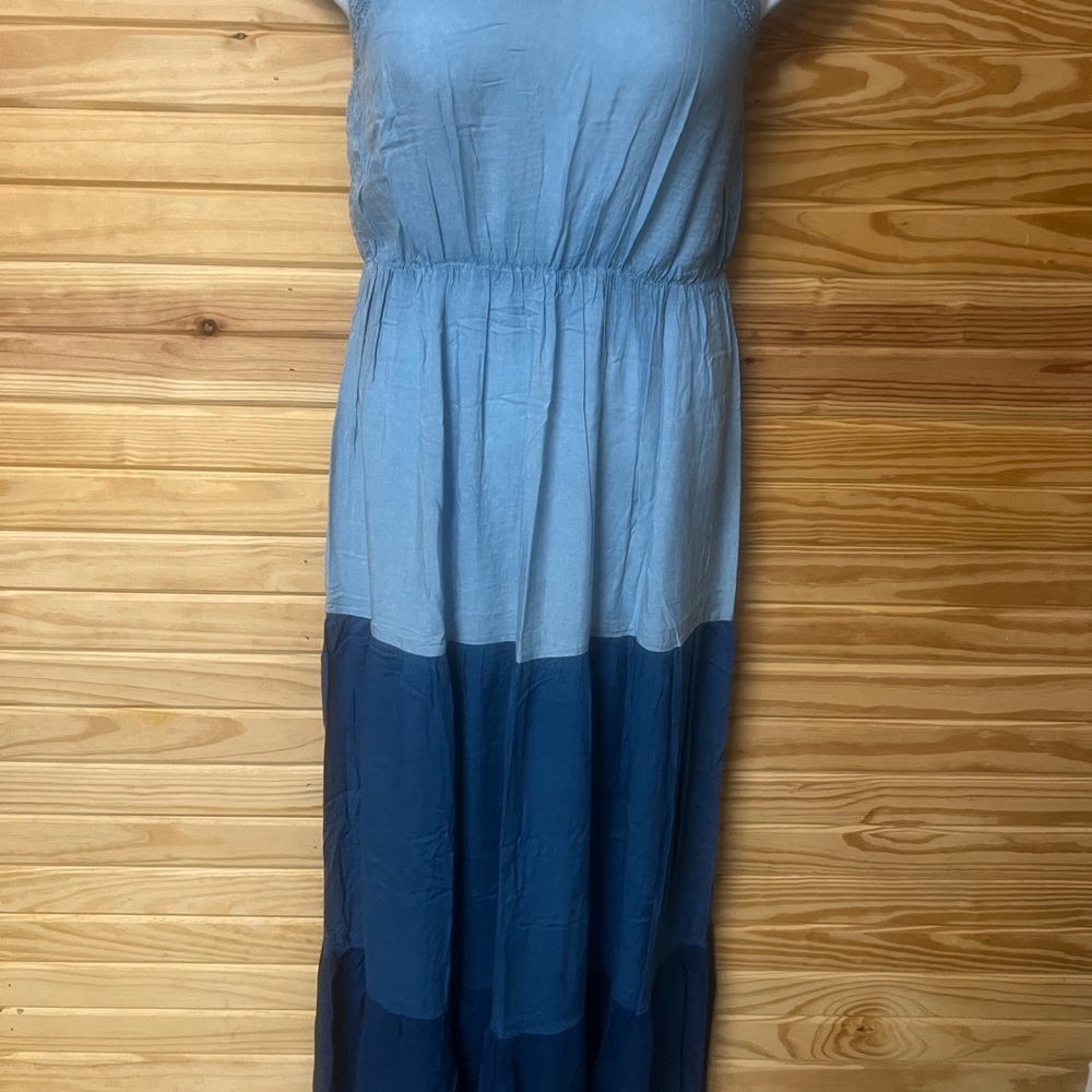 Blue Ruched Scoop Neck Maxi Sundress